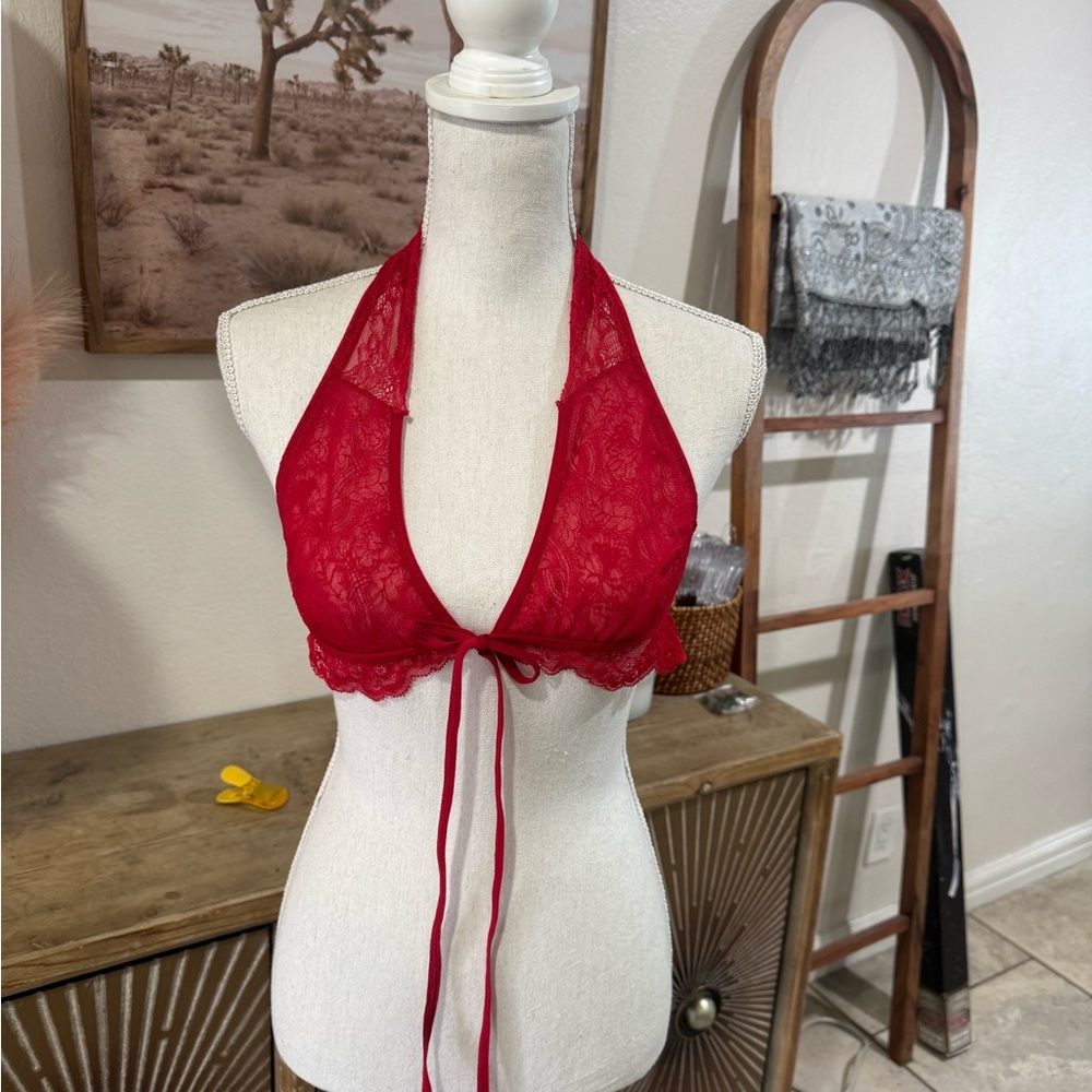 Red Lace Bralette with Plunging Neckline and Scalloped Edges